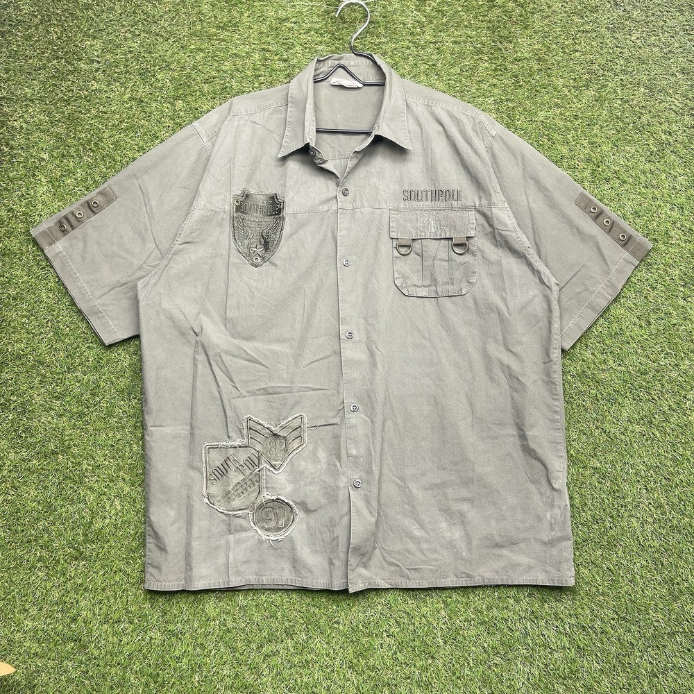 Vintage SouthPole Military Shirt Mens XL Olive Green Button Up Grunge y2k